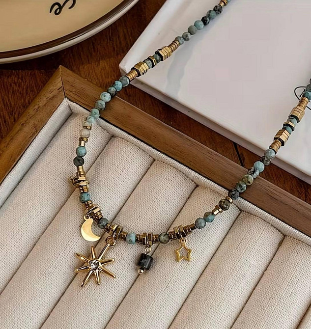Чокер з бірюзового каменю з підвісками сонце місяць зірка жіноче намисто бохо Київ - фото 3