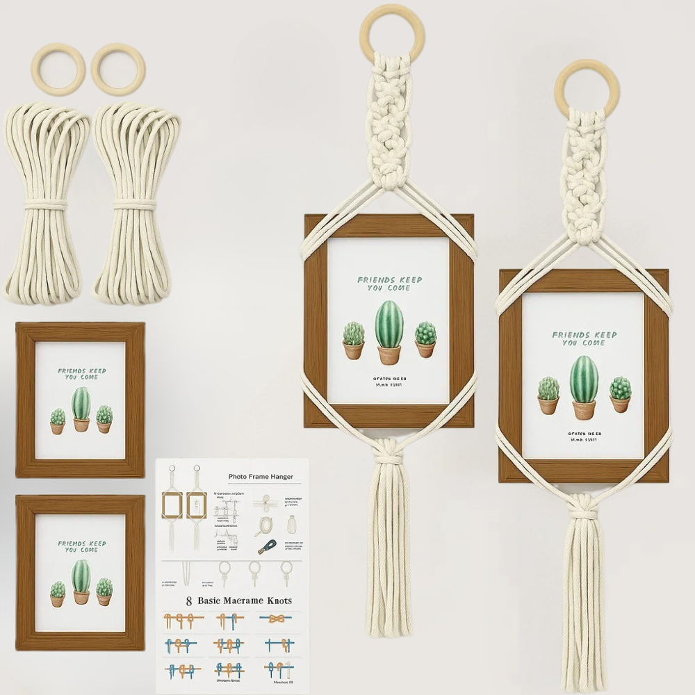 Набор макраме для ручного вязания 2 шт настеных подвязок с рамками для фото и картин размер 11х15 см,белый Каменец-Подольский - изображение 2
