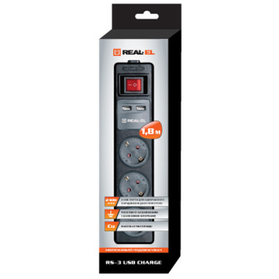 Сетевой удлинитель REAL-EL RS-3 USB CHARGE 1.8m, black (EL122500001) Винница - изображение 3