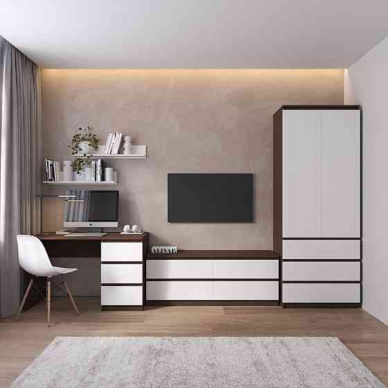 Комплект мебели в гостиную VAYS, шкаф R-9 тумба R-6 стол R-1 полки М-22 Венге Темный-Белый фасад Львов