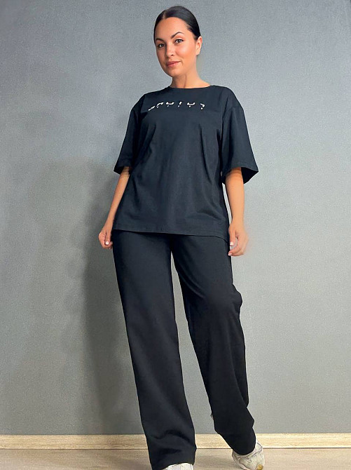 Костюм женский CAPPITONE 101183 с надписью футболка оверсайз и брюки палаццо черный, черный, M Киев - изображение 2