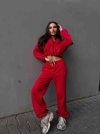 Утепленный женский костюм двойка в спортивном стиле трехнитка на флисе Красный, 46/48 Одесса