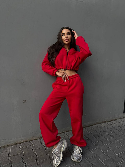 Утеплений жіночий костюм двійка у спортивному стилі тринитка на флісі Червоний, 46/48 Одеса - фото 1