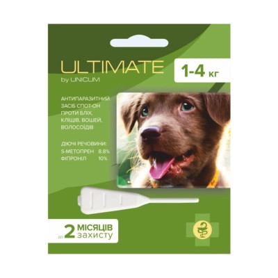 Капли для животных Unicum ULTIMATE от блох, клещей, вшей и волосоедов для собак 1-4 кг (s-метопрен, фипр) (4820150203047) Винница - изображение 1