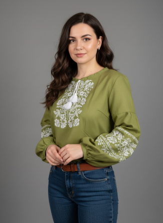 Вышиванка на домотканном оливковом холсте с белым цветочным орнаментом Киев