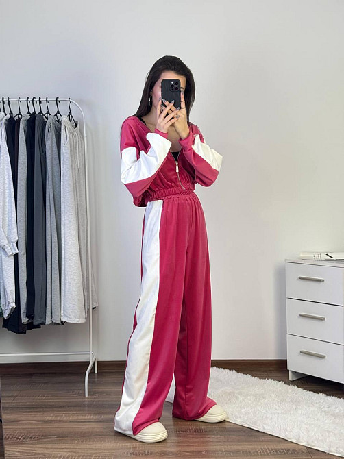 Женский прогулочный костюм двойка: кофта и штаны велюр 46/48, Малиновый Одесса - изображение 4