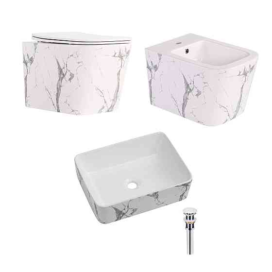 Комплект Qtap Tern Marble 3 в 1: унитаз подвесной Ultra Quiet + биде подвесное + раковина накладная QTTERMR49164 Киев