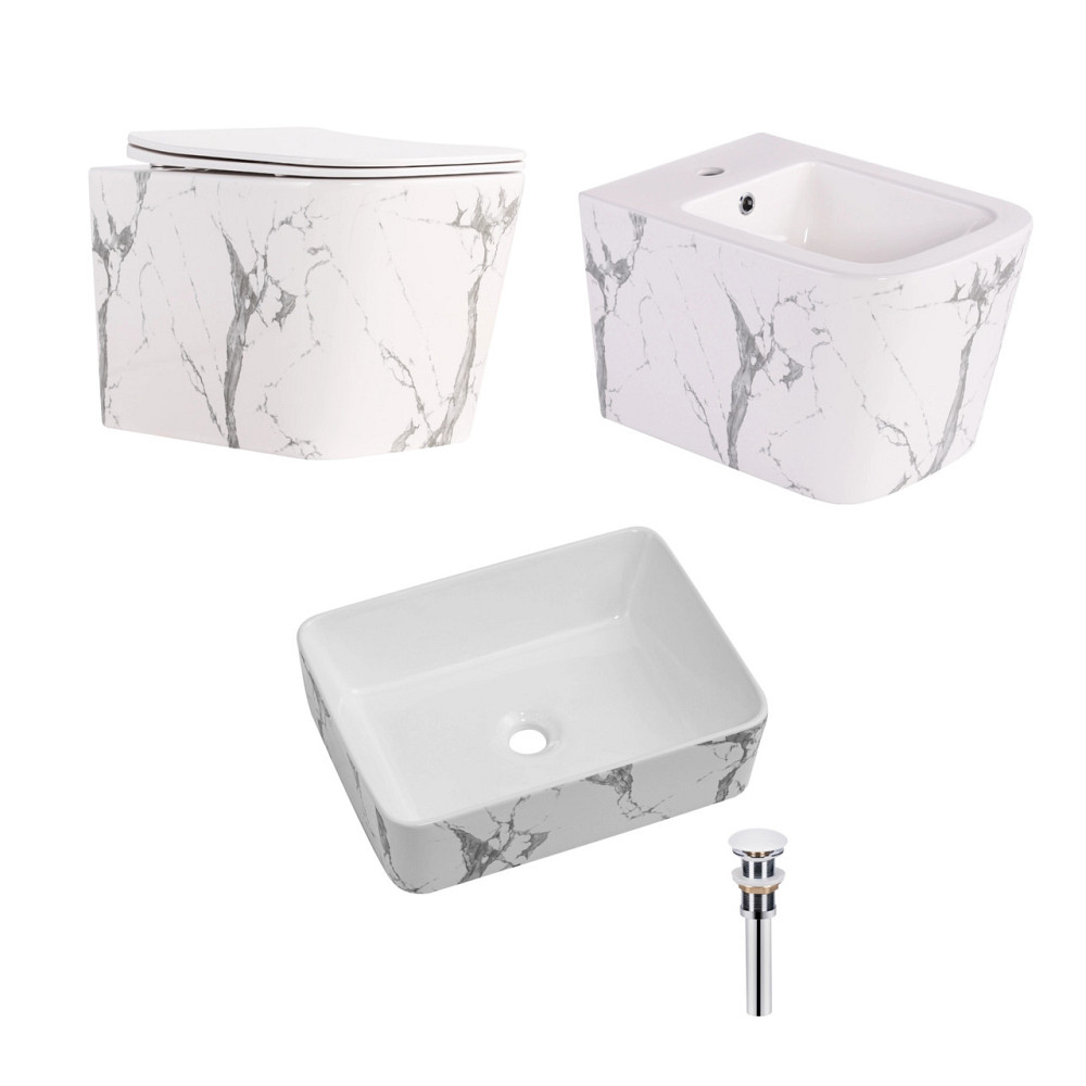 Комплект Qtap Tern Marble 3 в 1: унитаз подвесной Ultra Quiet + биде подвесное + раковина накладная QTTERMR49164 Киев - изображение 1