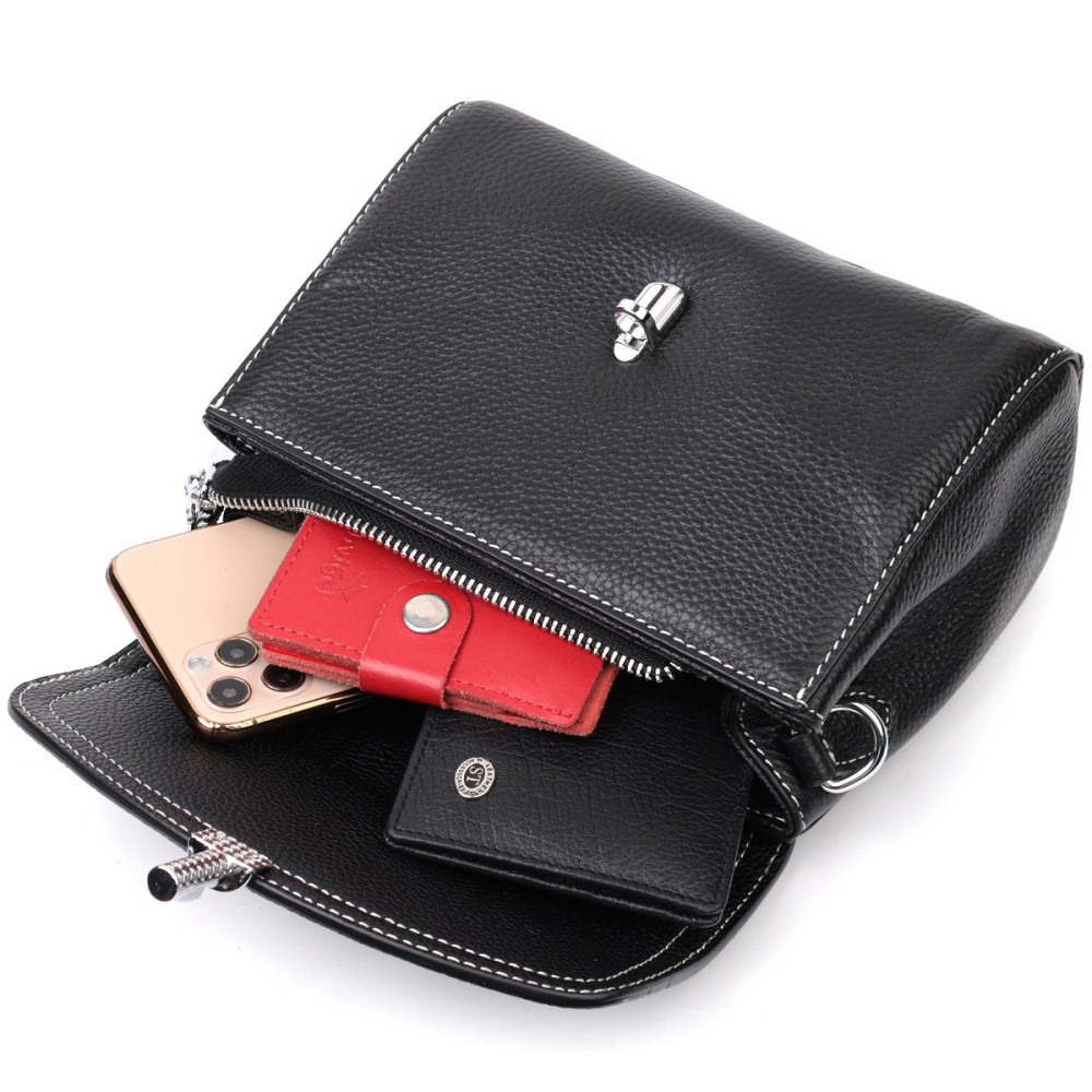 Шкіряна сумка для жінок з цікавою засувкою Vintage 22416 Чорний Київ - фото 8