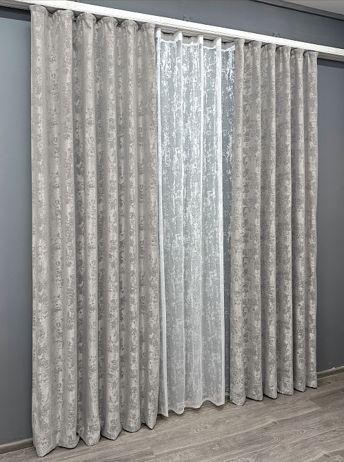 Комплект штор VR-Textil Жаккард Мрамор 200х270 2шт и Тюль 500х270 1124ш-1400т Светло-серый с белым 71-058/6 Киев - изображение 3