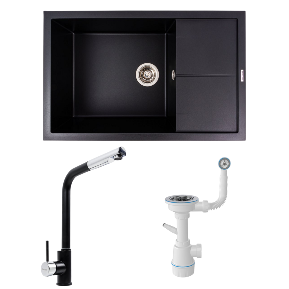 VALESO Комплект: Мийка гранітна 7950 CALYPSO VALESO + Змішувач Q411MB + Сифон (Чорний) Киев - изображение 1