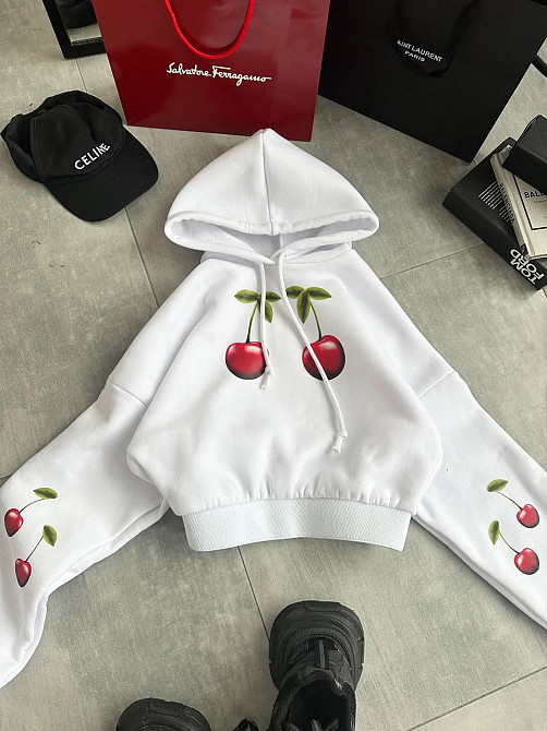 Жіноча тепла оверсайз худі з вишеньками тринитка на флісі Одеса - фото 7