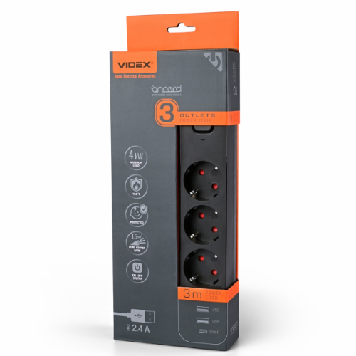 Мережевий подовжувач із заземленням 3 розетки/2USB-A/1Type-C 3м з кнопкою чорний VF-PD33G2U1C-B Oncord Videx Житомир