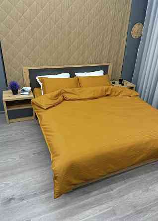 Комплект постільної білизни Страйп-сатин Двоспальний 180х220 з простирадлом на резинці Гірчичний (88-181) Київ