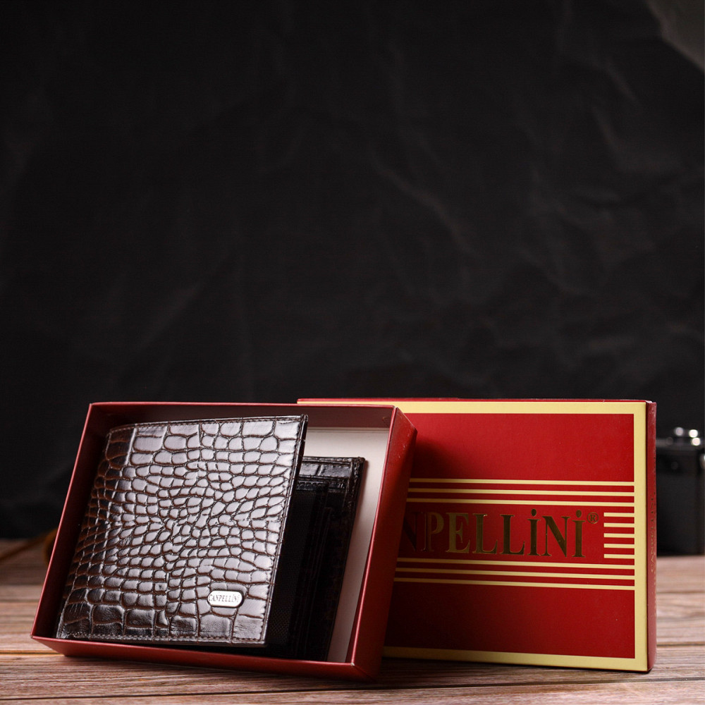 Горизонтальний чоловічий гаманець середнього розміру з натуральної шкіри з тисненням під крокодила CANPELLINI 21860 Коричневий Київ - фото 10