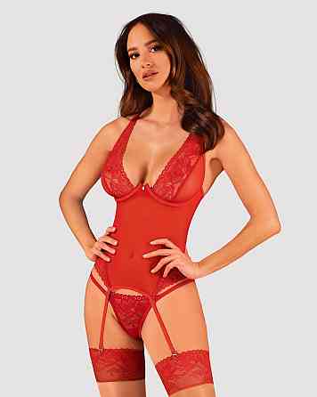 Прозорий корсет Obsessive Lacelove corset XL/2XL Red, мереживо, підв’язки для панчіх Sex Aura Київ