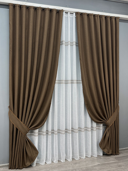 Комплект штор VR-Textil Льон Мішковина 200х270 2шт і Тюль 500х270 277ш-1429т Коричневий з білим 71-173/6 Київ - фото 2