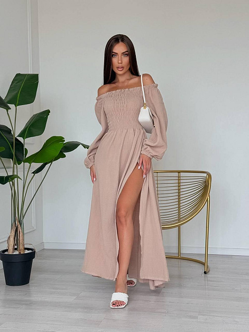 Жіноче романтичне плаття максі з натуральної тканини муслін 100% бавовна Беж, 42/44 Одеса - фото 1