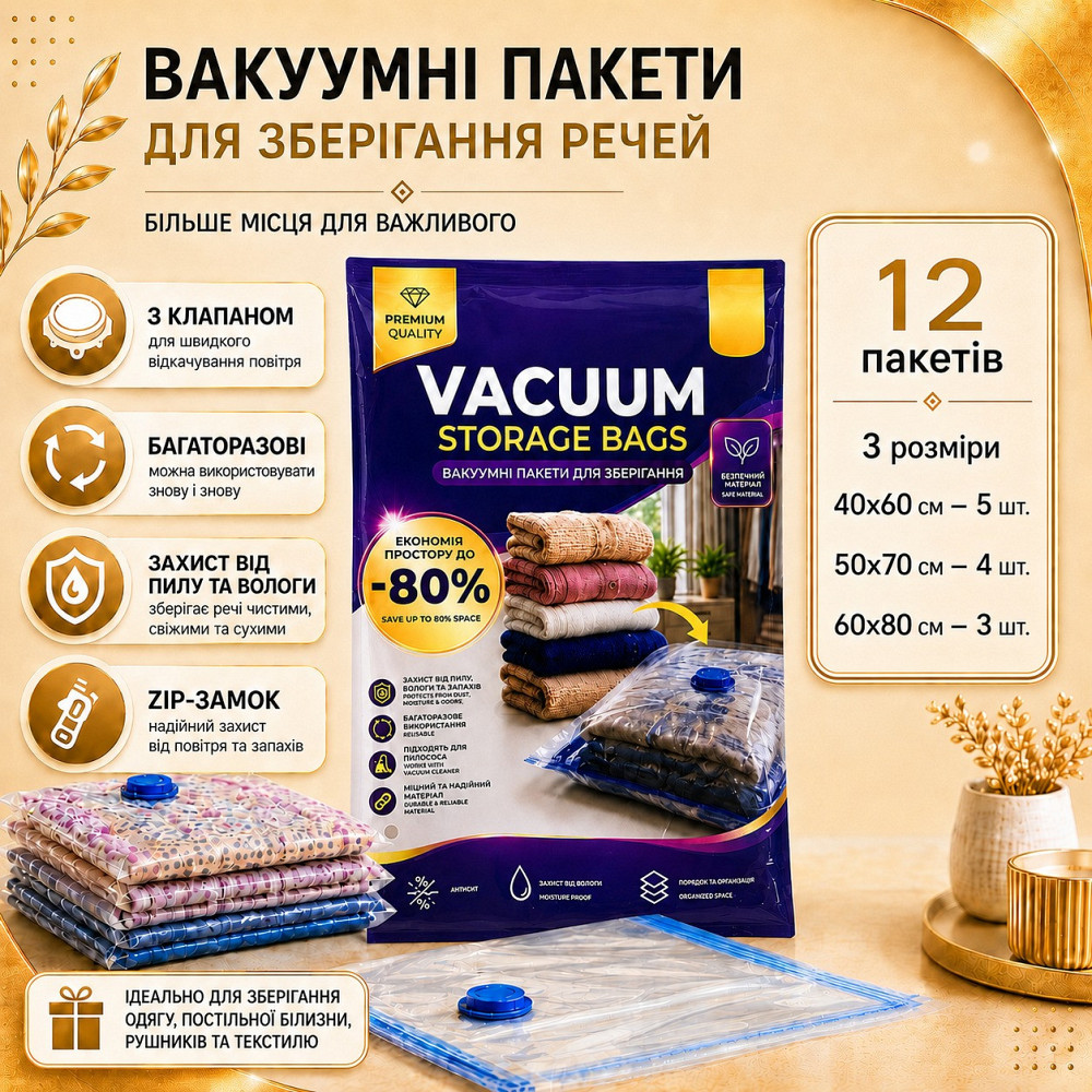 Вакуумные пакеты 12 шт для хранения одежды и вещей,в шкафу, гардеробной и сезонной смены гардероба вакуумные мешки с клапаном Каменец-Подольский - изображение 3