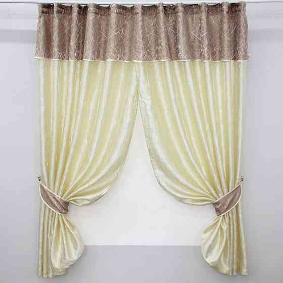 Кухонные шторы VR-Textil № 073к с ламбрекеном и подхватами светло-золотистый с пудровым 270х170 см (52-0167) Киев