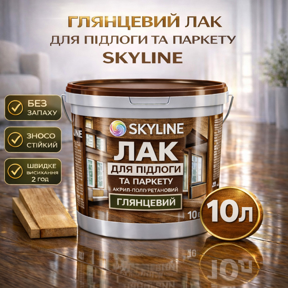 Лак для підлоги глянцевий Skyline паркетний, акрил-поліуретановий, водний, зносостійкий, без запаху, 10 л Харків - фото 1