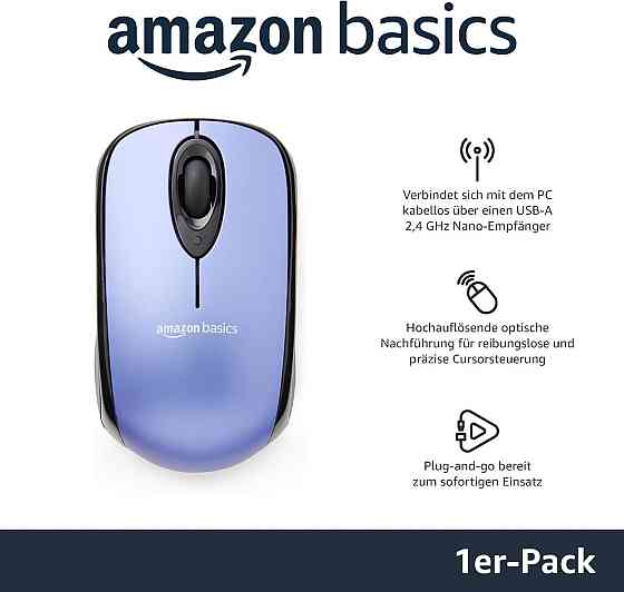 Миша Amazon Basics Wireless Computer Mouse Синій 2.4GHz USB nano-приймач оптична компактна для ноутбука та ПК Київ