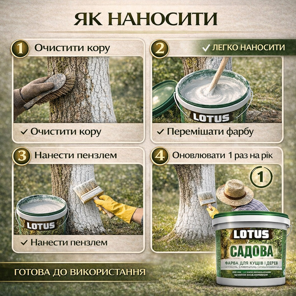 Фарба садова для дерев LOTUS 3 л білосніжна бактерицидна для побілки дерев і кущів, фарба для захисту саду від сонця та шкідників Харків - фото 6