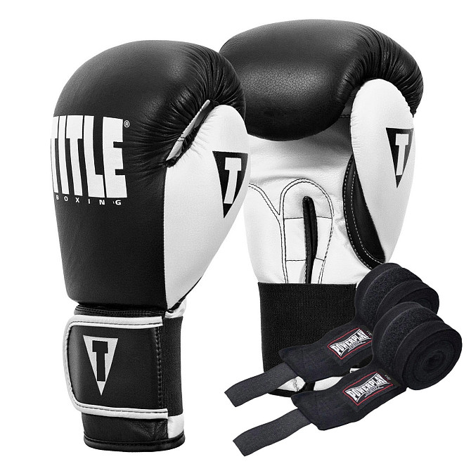Боксерські рукавиці TITLE Boxing Dynamic Strike Black/White 16 oz (бинти 4м. у комплекті) Кам'янське - фото 1
