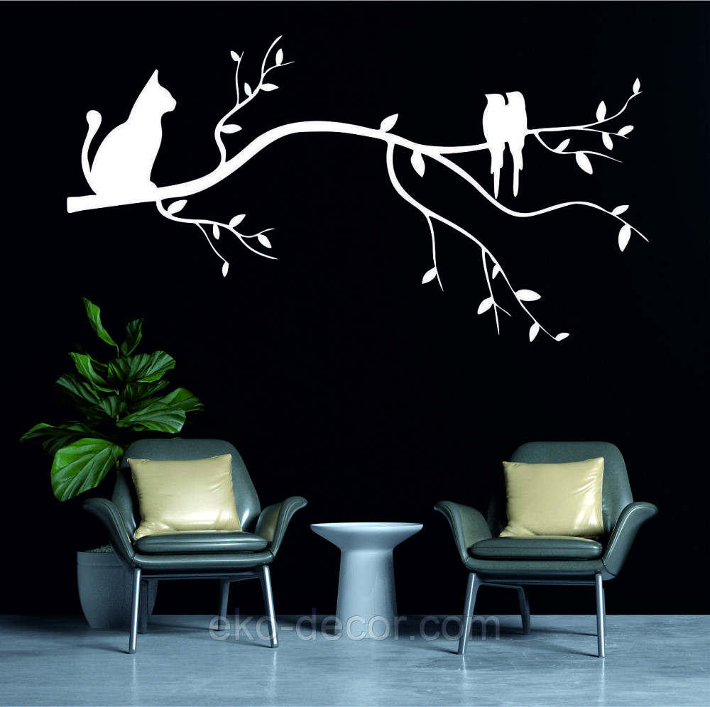 Декоративное настенное Панно «Птички и кот на ветке», Декор на стену 50*26 см, Белый Киев - изображение 2