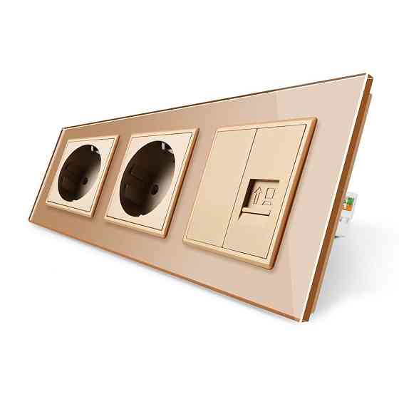Розетка тримісна комбінована Силова Інтернет Livolo золото скло (VL-C7C2EU1CK0-13) Коломыя