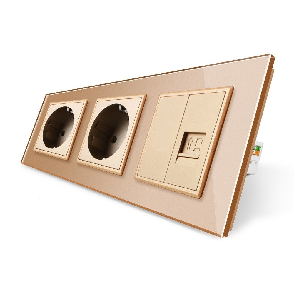 Розетка тримісна комбінована Силова Інтернет Livolo золото скло (VL-C7C2EU1CK0-13) Коломыя - изображение 2