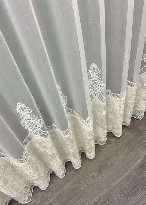 Тюль VR-Textil 1812т Бамбук с вышивкой и бархатом Айвори 300х270 см (40-113) Киев - изображение 8