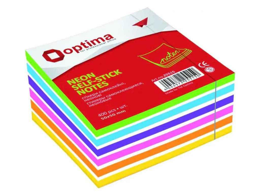 Блок для заметок с клейким слоем 50х50мм 250арк. неон микс ТМ Optima Киев - изображение 1