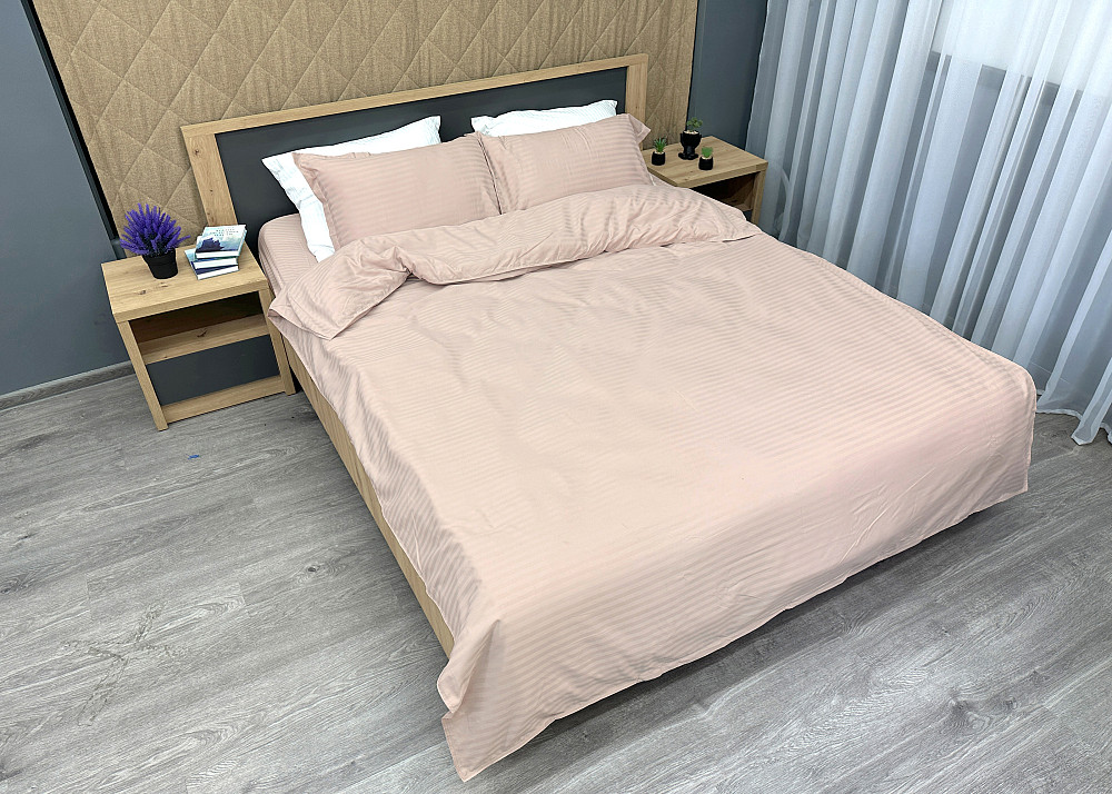 Комплект постільної білизни Страйп-сатин Сімейний з простирадлом на резинці 180х200х25, 2 підковдри 150х200, 2 наволочки 70х70 Пудровий (88-226) Київ - фото 3