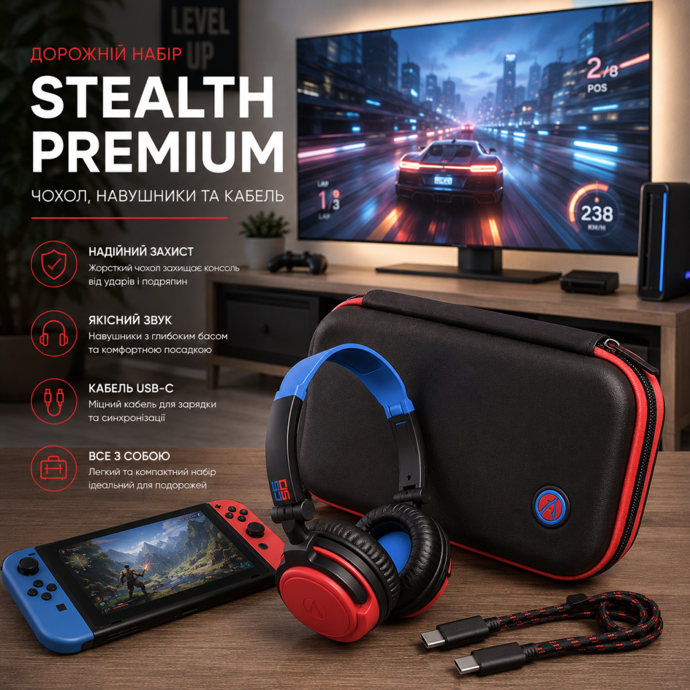 Дорожній набір STEALTH Premium для Nintendo Switch / Lite / OLED: Чохол, навушники та кабель Київ - фото 6