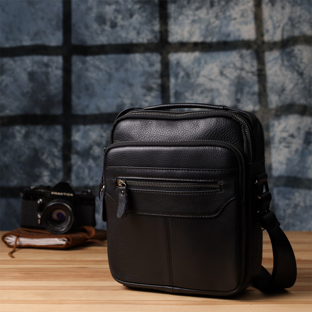 Вертикальна чоловіча сумка з натуральної шкіри Vintage 22967 Чорний Київ - фото 3