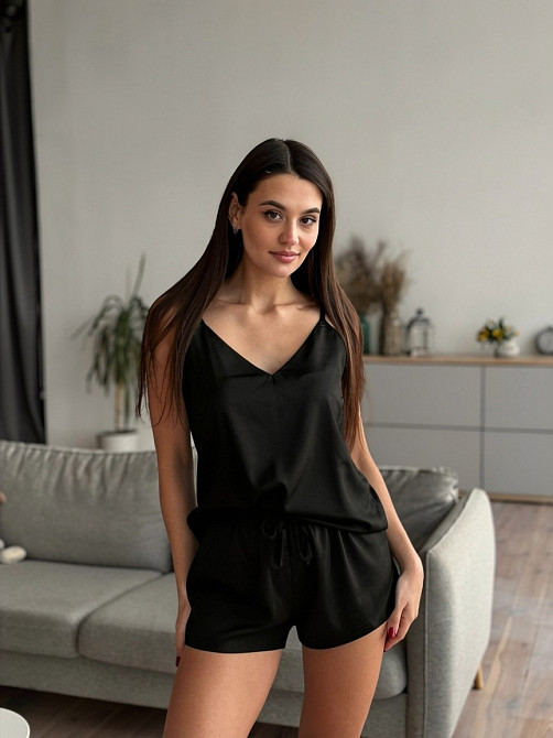 Піжама жіноча шовкова майка з шортами Чорний  M/L Харків - фото 10