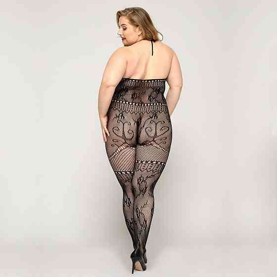 Мереживний бодістокінг JSY «Гаряча Хейлі» Plus Size, Black, халтер, імітація панчіх, відкритий досту Sex Aura Київ