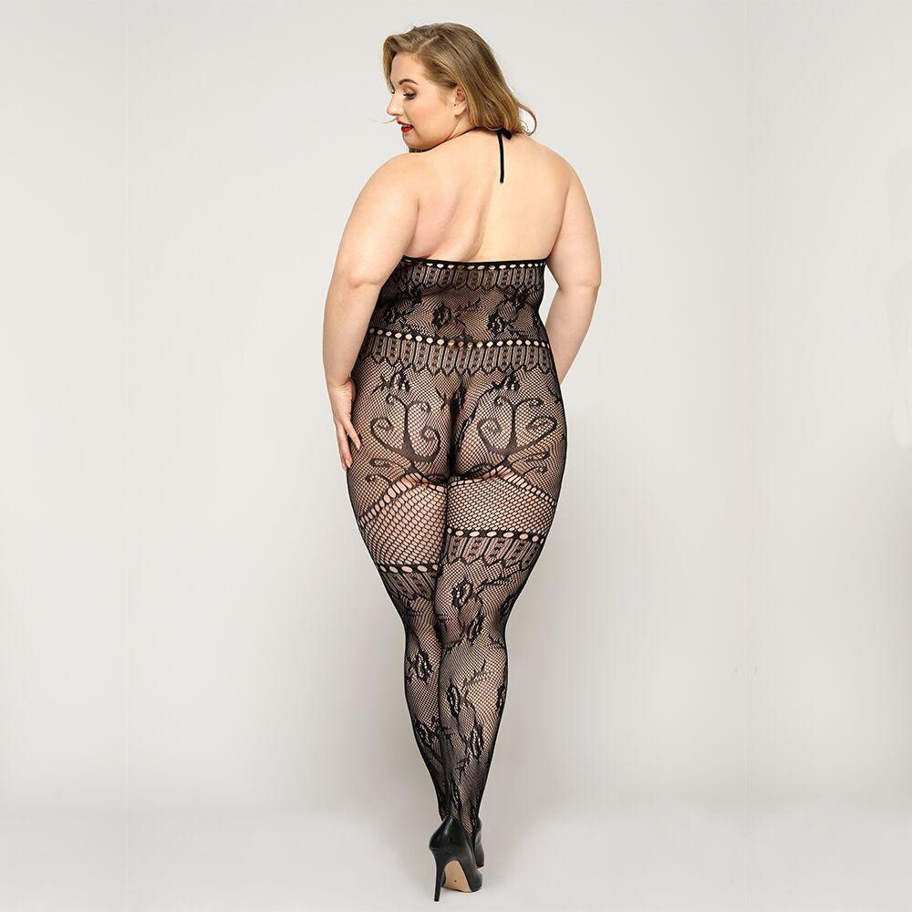Мереживний бодістокінг JSY «Гаряча Хейлі» Plus Size, Black, халтер, імітація панчіх, відкритий досту Sex Aura Київ - фото 2