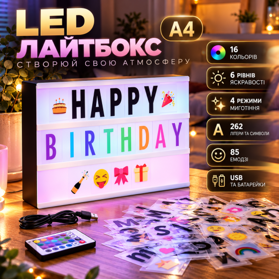 LED лайтбокс SHYOSUCCE A4, 16 кольорів, 4 режими миготіння, 262 літери та символи, 85 емодзі, 6 рівнів яскравості, USB і батарейки Київ