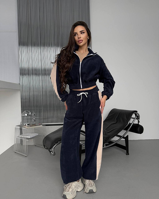 Жіночий теплий повсякденний костюм із лампасами, двобічний фліс Синій Одеса - фото 1