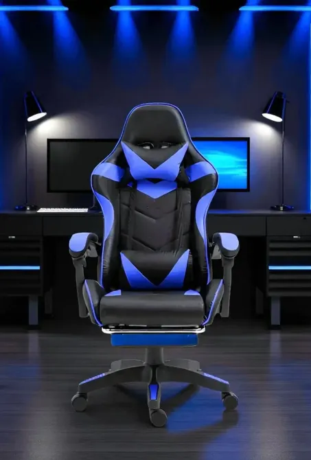 Геймерське ергономічне комп’ютерне крісло Vicotan VIP із підставкою для ніг, чорний із синім дизайном, з регулюванням нахилу спинк Львів - фото 2