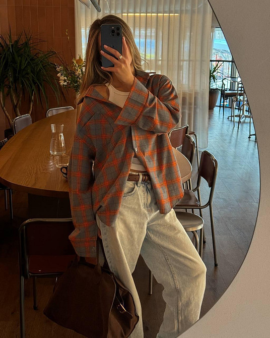 Жіноча трендова сорочка оверсайз у клітинку фланель Помаранчевий Одеса - фото 17