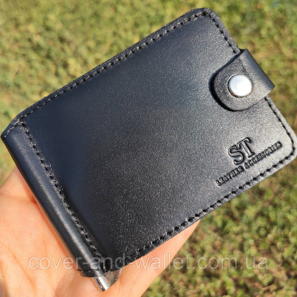 Затискач для грошей на кнопці із вінтажної шкіри чорного кольору Puos Київ - фото 1