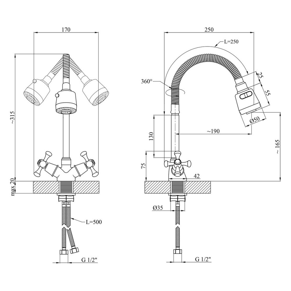 Змішувач для кухні з гнучким виливом Kroner KRM Rhein - C030-1 2 режими лійки Київ - фото 8