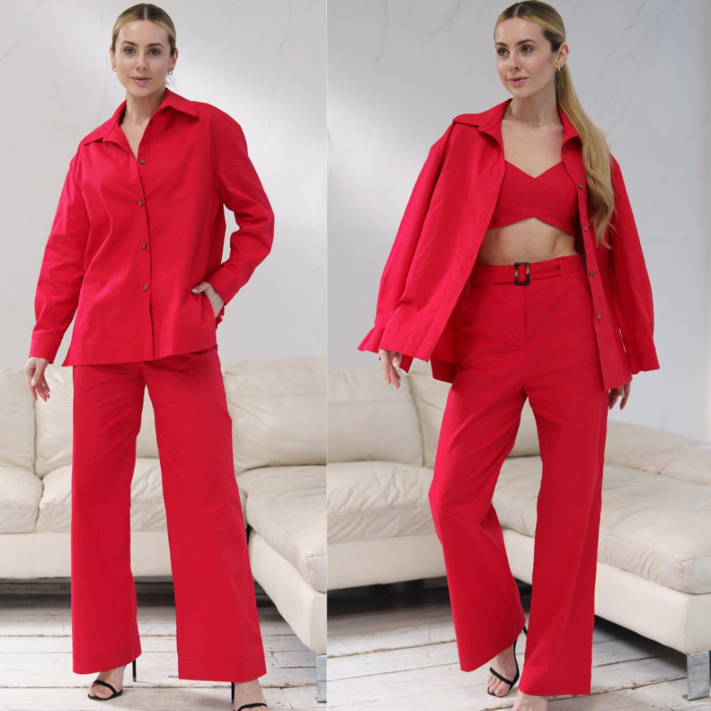 Лляний брючний костюм жіночий червоний топ штани сорочка трійка на літо прогулянковий Alessandra long S Одеса - фото 1