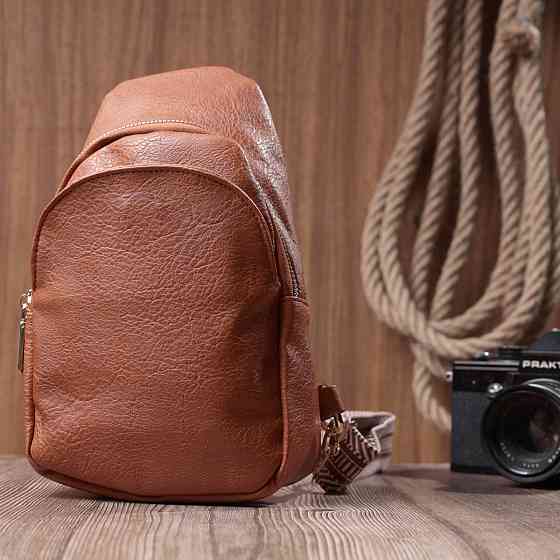 Жіноча сумка через плече з екошкіри з акцентом на текстильну лямку Vintage 22780 Рудий Київ