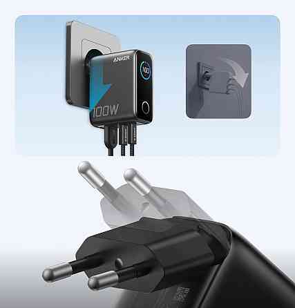 Мережевий зарядний пристрій Anker GaN Charger 100 W, 2xUSB-C, 1xUSB-A, Display Dark Gray (B121BGZ1) + кабель USB Type-C ( 17515 ) Харьков