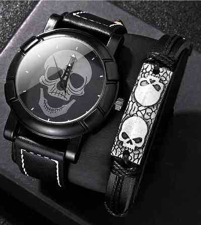 Чоловічий набір Shadow Skull кварцовий годинник та браслет чорний Київ