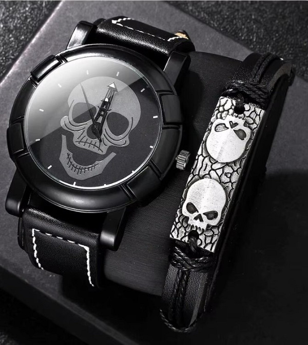 Чоловічий набір Shadow Skull кварцовий годинник та браслет чорний Київ - фото 1